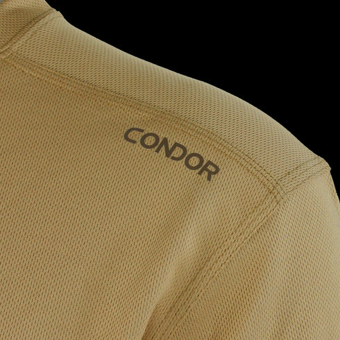 Close-up of a tan mesh Maxfort Long Sleeve Training Top by Condor, featuring CONDOR in black near the shoulder—perfect for law enforcement or EDC use.